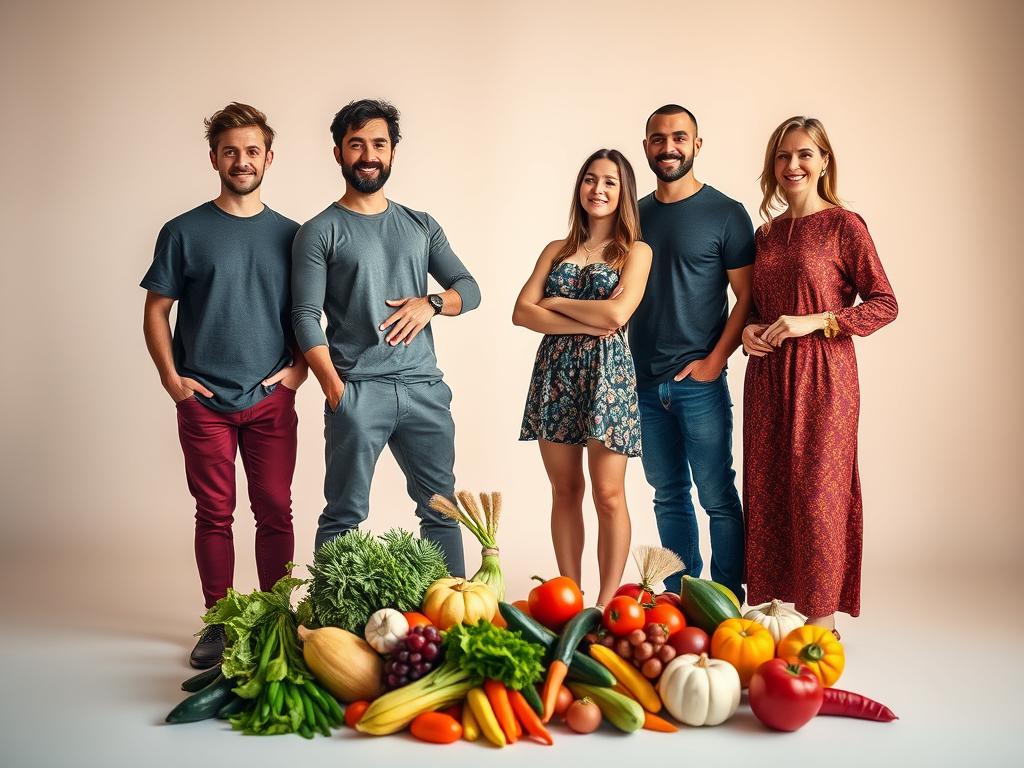 4 individuals, each representing a distinct nutritional archetype, standing in a serene, minimalist setting. The foreground features the four figures - a health-conscious plant-based eater, a fitness-focused protein enthusiast, a mindful flexitarian, and a balanced whole-foods devotee - posed in a harmonious arrangement, captured with a wide-angle lens to emphasize their interconnectedness. The middle ground showcases a selection of vibrant, natural ingredients that nourish the body and mind. The background is bathed in soft, warm lighting, creating a contemplative atmosphere that invites the viewer to reflect on their own dietary preferences and holistic well-being.
