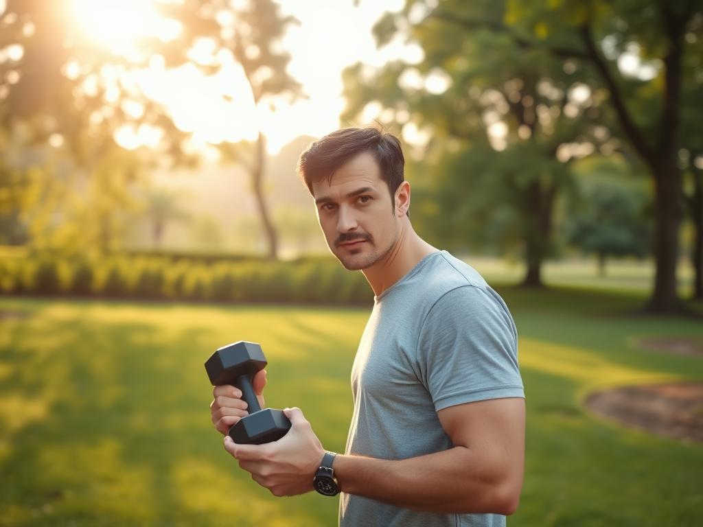 A 40-year-old individual stands in a serene, sun-dappled park, gazing determinedly at a pair of dumbbells in their hands. The figure's expression is one of focused resolve, their posture straight and confident. In the middle ground, a lush, verdant landscape provides a calming backdrop, while the distant horizon is bathed in a warm, golden glow. The lighting is soft and natural, creating a sense of tranquility and introspection. The camera angle is slightly elevated, giving the viewer a sense of empowerment and inspiration. The overall mood conveys a feeling of personal transformation, where the individual is taking charge of their health and well-being with a renewed sense of purpose and motivation. A 40-year-old individual stands in a serene, sun-dappled park, gazing determinedly at a pair of dumbbells in their hands. The figure's expression is one of focused resolve, their posture straight and confident. In the middle ground, a lush, verdant landscape provides a calming backdrop, while the distant horizon is bathed in a warm, golden glow. The lighting is soft and natural, creating a sense of tranquility and introspection. The camera angle is slightly elevated, giving the viewer a sense of empowerment and inspiration. The overall mood conveys a feeling of personal transformation, where the individual is taking charge of their health and well-being with a renewed sense of purpose and motivation.