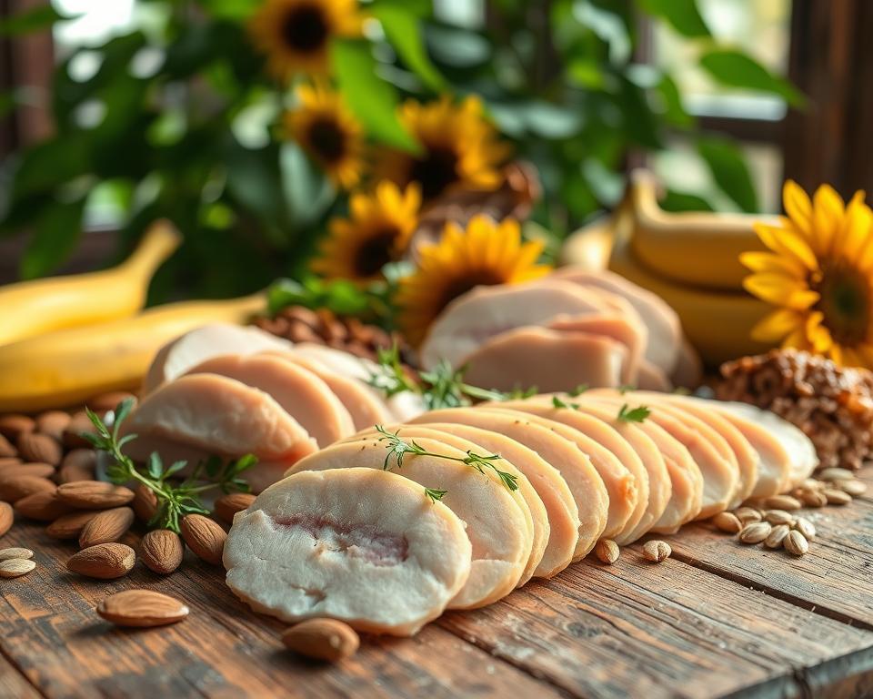 A beautifully arranged assortment of L-Tryptophan-rich foods, including turkey, almonds, bananas, and sunflower seeds, artfully displayed on a rustic wooden table. In the foreground, the turkey slices are garnished with fresh herbs, while scattered almonds and bananas complement the visual feast. The middle ground features a vibrant, leafy green backdrop, enhancing the freshness of the ingredients. Soft, natural light filters in from a nearby window, casting gentle shadows and creating a warm, inviting atmosphere. A shallow depth of field focuses on the food while blurring the background slightly, emphasizing the rich colors and textures of the foods. Overall, the scene conveys a sense of comfort and well-being, ideal for illustrating the importance of Tryptophan in nutrition.