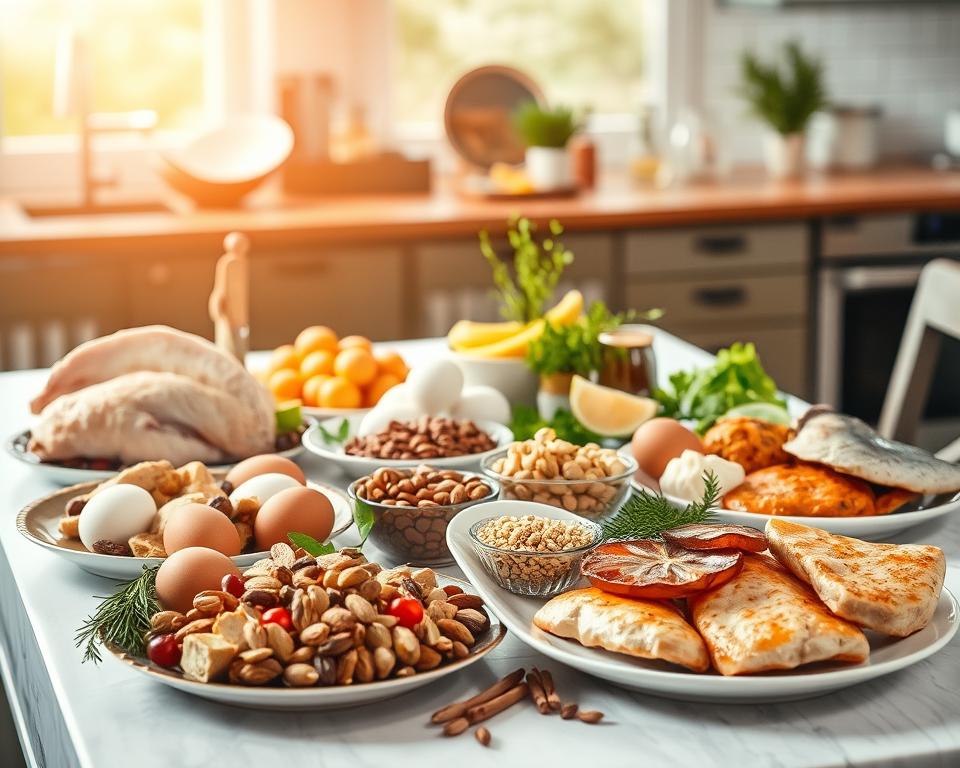 A beautifully arranged table showcasing various foods rich in tryptophan, including turkey, eggs, nuts, seeds, tofu, and fish. The foreground features a vibrant assortment of these foods artistically presented on elegant plates. In the middle, a soft-focus background reveals a cozy kitchen setting with warm, natural light filtering through a window, creating a serene atmosphere. On the table, fresh herbs and spices add a touch of detail, emphasizing the natural appeal of the ingredients. The scene captures a feeling of comfort and wellness, inviting the viewer to explore the nourishing qualities of these foods, all under a gentle, warm glow that highlights the textures and colors of the ingredients.