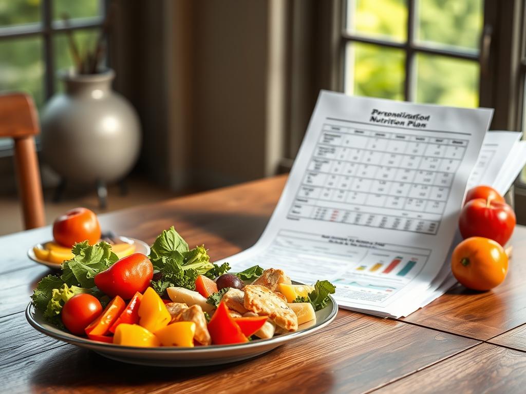 A beautifully lit, photorealistic image of a personalized nutrition plan laid out on a wooden table. In the foreground, a plate with healthy, colorful ingredients like vegetables, fruits, and lean proteins. In the middle ground, a stack of papers with a detailed meal schedule, calorie counts, and macronutrient breakdowns. The background features a soothing, natural environment with soft, diffused lighting, perhaps a window overlooking a lush, green landscape. The overall scene conveys a sense of balance, order, and a thoughtful approach to sustainable weight loss.
