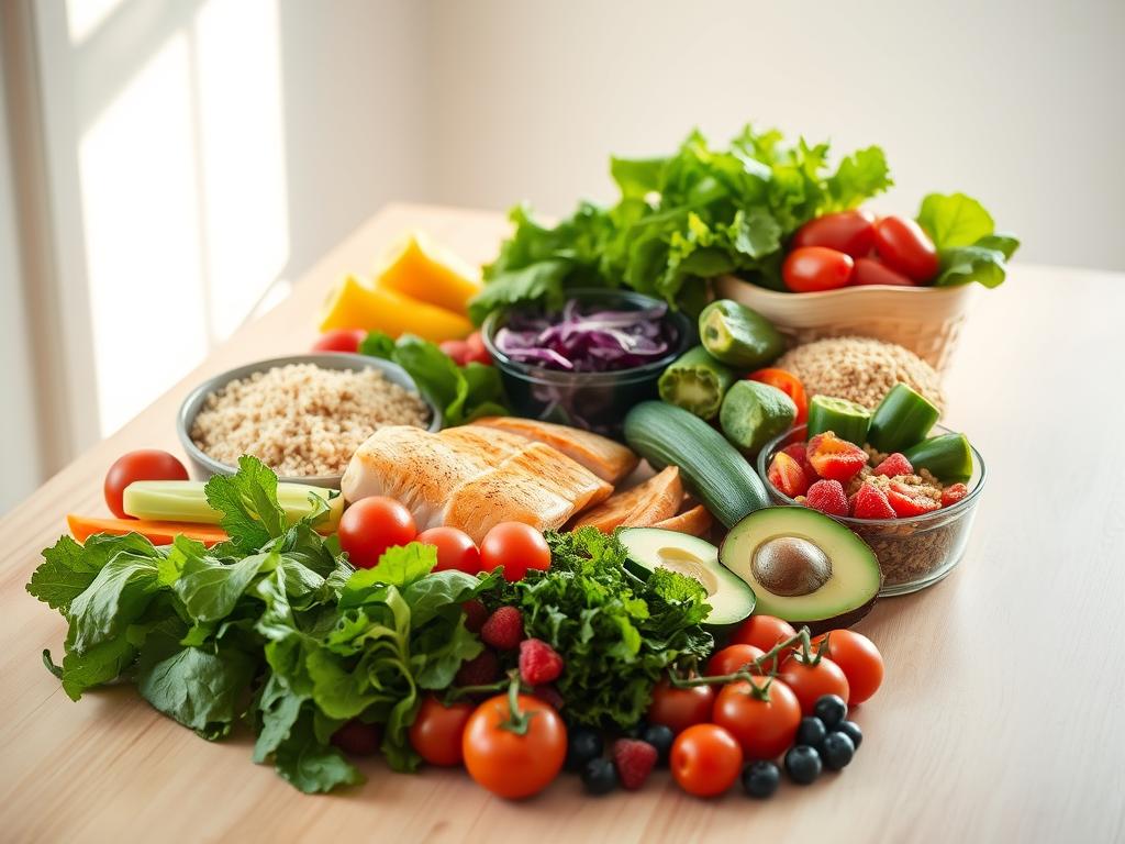 Gesunde Esswaren zum Abnehmen: Fallstudie 3 A bountiful arrangement of low-calorie, nutrient-dense foods arranged on a light wooden table, bathed in warm, natural lighting. In the foreground, an assortment of fresh vegetables such as leafy greens, tomatoes, cucumbers, and bell peppers, complemented by a handful of berries and a sliced avocado. In the middle ground, lean protein sources like grilled chicken breast and baked salmon filets, alongside whole grains like quinoa and brown rice. The background features a minimal, serene setting, allowing the vibrant, healthy ingredients to take center stage. The overall composition conveys a sense of balance, wellness, and the potential for sustainable weight loss through mindful, nutritious food choices.