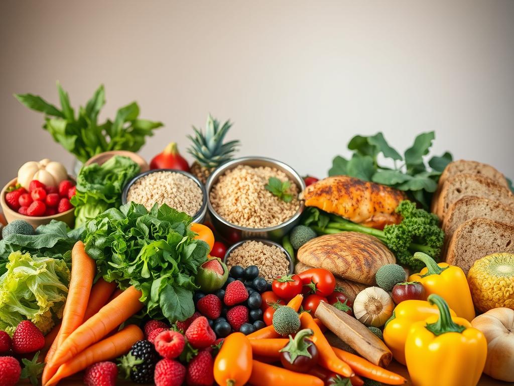 Gesunde Esswaren zum Abnehmen: Fallstudie 2 A bountiful assortment of wholesome, nutrient-dense foods arranged in a visually appealing and appetizing manner. In the foreground, an array of fresh fruits and vegetables, such as leafy greens, vibrant berries, crunchy carrots, and crisp bell peppers, exuding a sense of vitality and health. In the middle ground, whole grains like quinoa, brown rice, and hearty whole wheat bread, complemented by lean protein sources like grilled chicken, fish, and legumes. The background features a clean, minimalist setting, bathed in warm, natural lighting that highlights the vibrant colors and textures of the ingredients, creating an atmosphere of simplicity and nourishment. The overall composition evokes a balanced, wholesome, and visually appealing representation of the "Lebensmittel die helfen abzunehmen" concept.