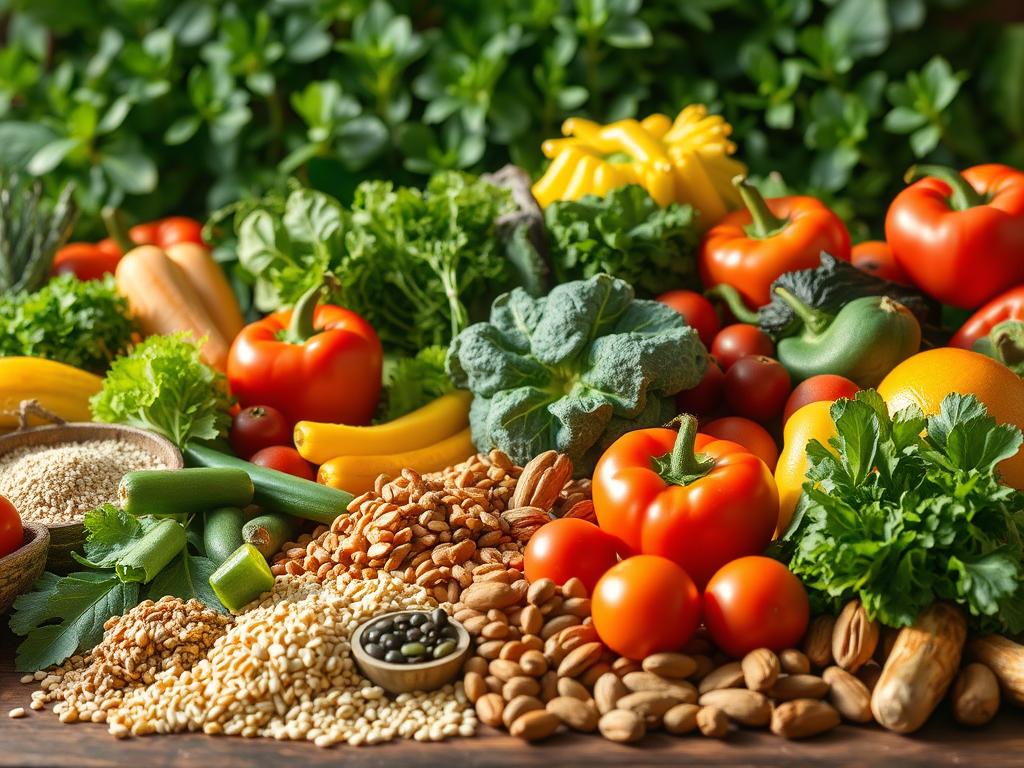 A bountiful display of fresh, vibrant produce fills the frame, with a variety of seasonal fruits and vegetables artfully arranged. The lighting is soft and natural, casting gentle shadows that accentuate the rich colors and textures of the ingredients. In the foreground, a selection of whole grains, legumes, and nuts are neatly organized, symbolizing the importance of a balanced, nutrient-dense diet. The middle ground features a range of leafy greens, crisp bell peppers, and juicy tomatoes, while the background showcases a backdrop of lush, verdant foliage, evoking a sense of vitality and wellness. The overall composition conveys a harmonious, inviting atmosphere, inspiring a mindful approach to preventive nutrition.