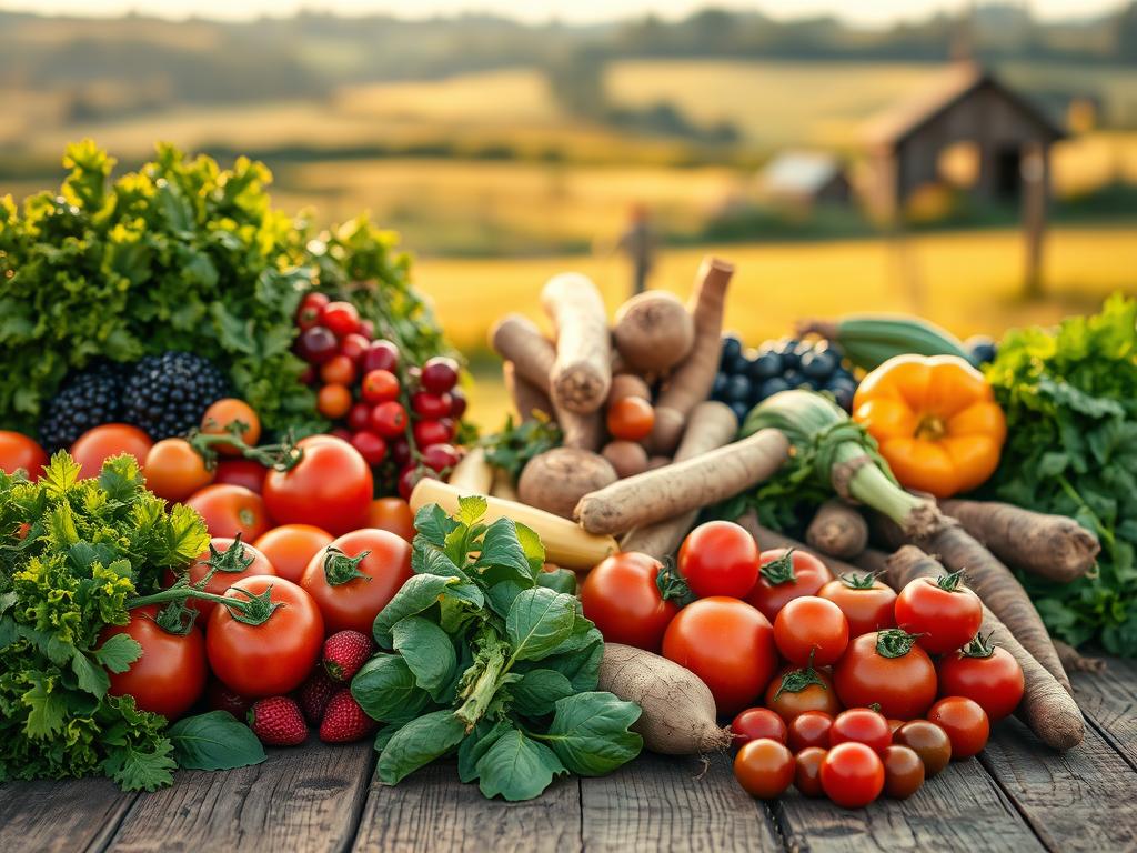A bountiful harvest of seasonal produce, artfully arranged on a rustic wooden table. In the foreground, vibrant fruits and vegetables - ripe tomatoes, crisp greens, juicy berries - bask in warm, golden light. The middle ground features an assortment of hearty root vegetables, their earthy hues complemented by the weathered tabletop. In the background, a blurred pastoral scene, hinting at the local, sustainable origins of these ingredients. The overall mood is one of abundance, freshness and a celebration of nature's cyclical gifts. Captured with a wide-angle lens, this image conveys the essence of eating in tune with the seasons.