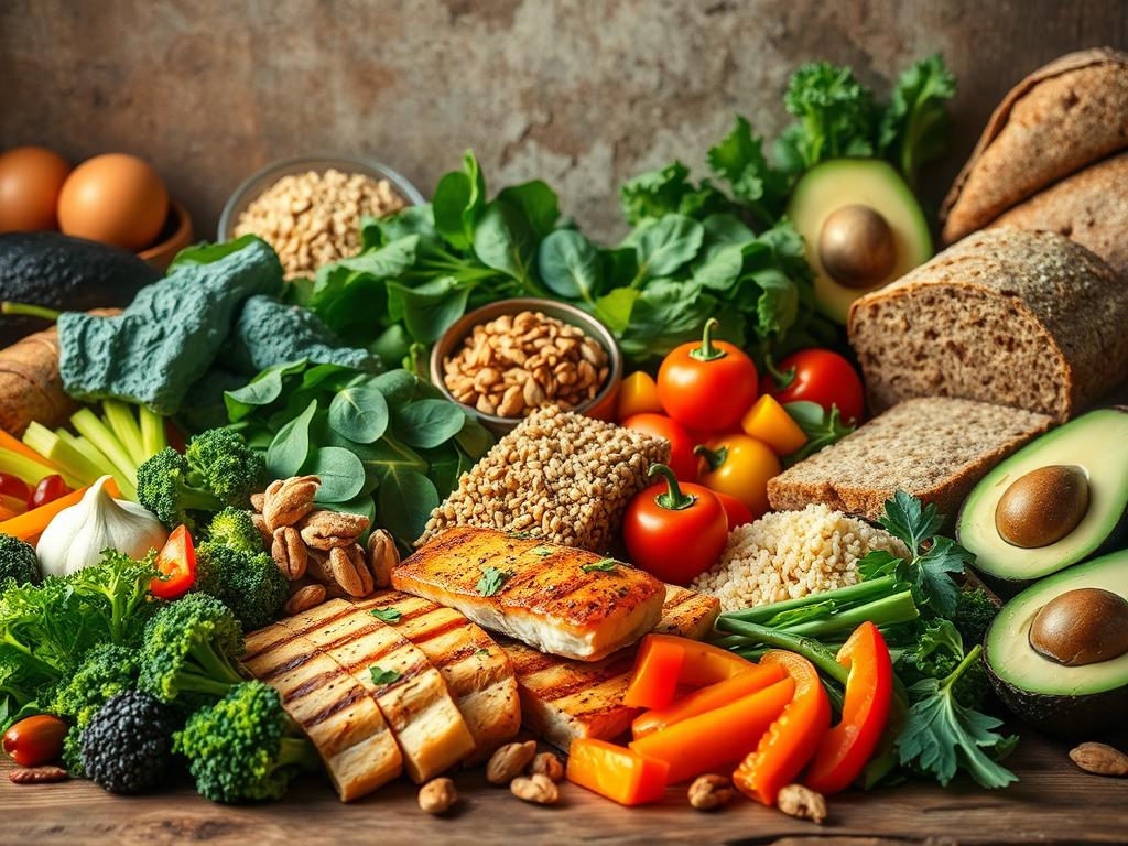 A bountiful spread of fresh, vibrant whole foods arranged in a rustic, earthy setting. In the foreground, an array of lean protein sources like grilled chicken, salmon, and tofu, alongside crisp vegetables such as broccoli, spinach, and bell peppers. In the midground, an assortment of complex carbohydrates including brown rice, quinoa, and whole-wheat bread. The background showcases an abundance of heart-healthy fats from nuts, seeds, and avocado. Warm, natural lighting casts a soothing glow, highlighting the nutritious appeal of these fat-burning, metabolism-boosting ingredients. The overall composition evokes a sense of balance, nourishment, and a wholesome approach to weight loss.
