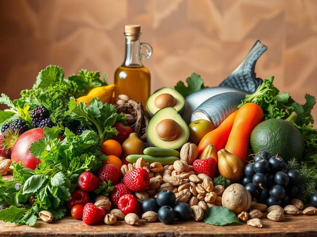 Gesunde Esswaren zum Abnehmen: Fallstudie 4 A bountiful still life arrangement of healthy, nutrient-dense foods set against a warm, earthy backdrop. In the foreground, a selection of vibrant fruits and vegetables - crisp greens, juicy berries, and crunchy nuts. In the middle ground, a collection of wholesome fats like avocados, olive oil, and fatty fish. The lighting is soft and natural, highlighting the textures and colors of the ingredients. The overall composition conveys a sense of balance, abundance, and the nourishing power of a diet rich in healthy fats for weight management.