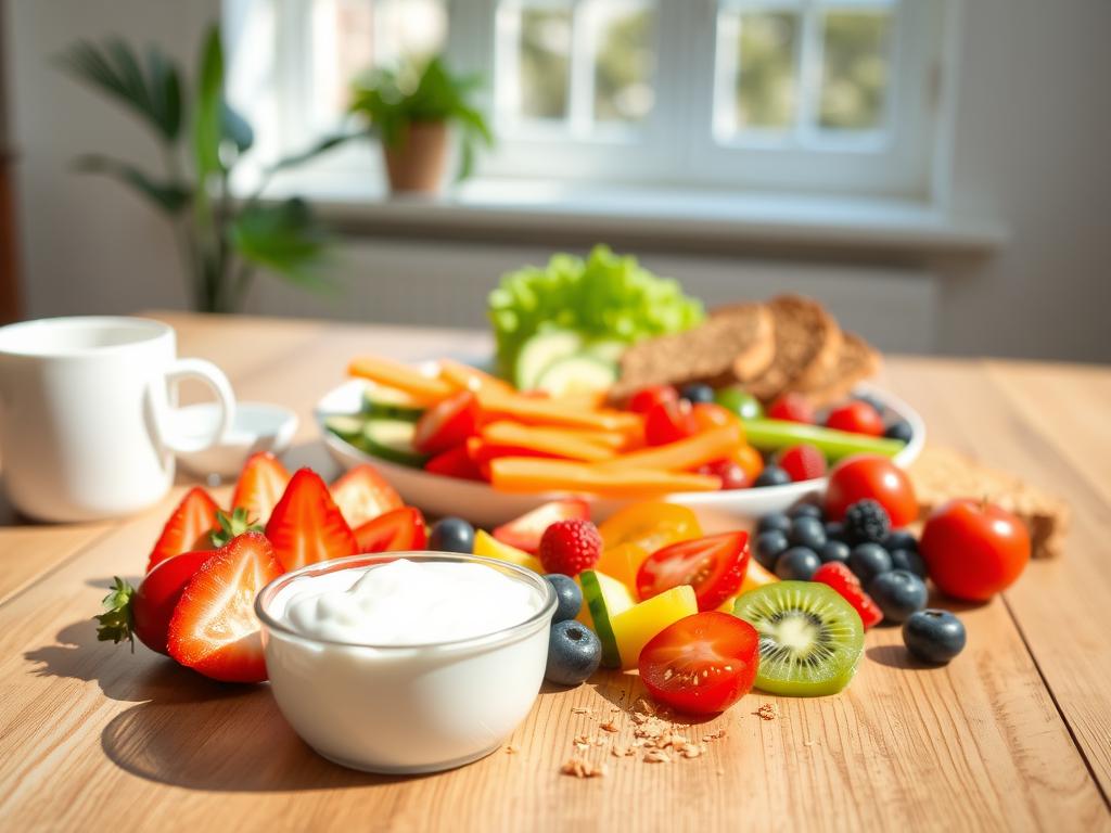 A bright, airy breakfast scene with a variety of fresh, nutritious ingredients artfully arranged on a wooden table. In the foreground, a selection of colorful fruits, such as sliced strawberries, kiwi, and blueberries, accompanied by a small bowl of Greek yogurt and a sprinkling of granola. In the middle ground, a platter of crisp vegetables, including carrot sticks, cucumber slices, and cherry tomatoes, alongside a few slices of whole-grain toast. The background features a large window, allowing natural light to flood the scene and creating a warm, inviting atmosphere. The overall composition conveys a sense of simplicity, health, and mindful enjoyment of a delicious, no-cook breakfast.