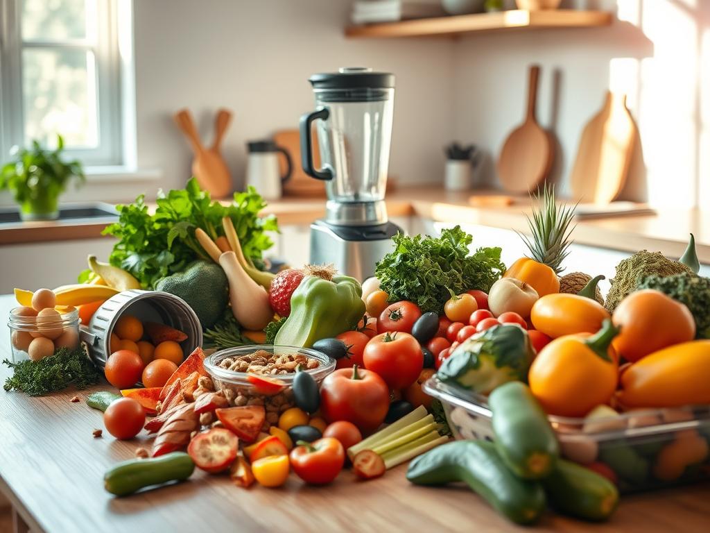 A bright, airy kitchen scene with an abundance of fresh, uncooked ingredients arranged artfully on a clean wooden table. In the foreground, an assortment of vibrant vegetables, fruits, and healthy snacks spill out of reusable containers, suggesting the ease and convenience of no-cook meals. The middle ground features a sleek, modern blender and a cutting board with a few simple tools, hinting at the minimal preparation required. The background is bathed in warm, natural light, creating a welcoming and inviting atmosphere. The overall composition conveys a sense of simplicity, healthfulness, and the joy of effortless, no-cook dining.