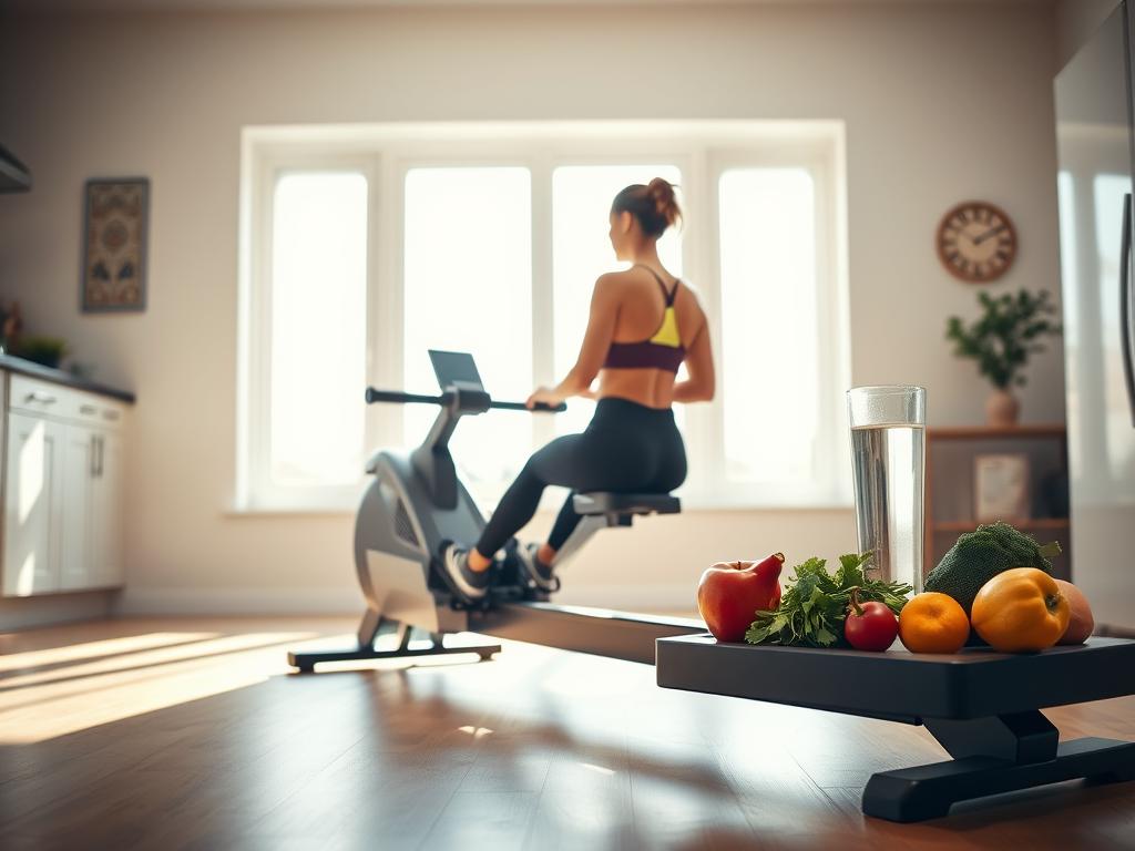 A bright, well-lit kitchen interior with natural lighting streaming through large windows. In the foreground, a sleek, modern rowing machine sits on a hardwood floor, surrounded by fresh fruits, vegetables, and a glass of water. In the middle ground, a person wearing activewear is seated on the rowing machine, their form reflecting proper technique. The background features a minimalist, neutral-toned wall decor, creating a calming, uncluttered atmosphere. The overall scene conveys a sense of healthy, balanced living, with the rowing machine and nutritious foods working in harmony to support effective weight loss. A bright, well-lit kitchen interior with natural lighting streaming through large windows. In the foreground, a sleek, modern rowing machine sits on a hardwood floor, surrounded by fresh fruits, vegetables, and a glass of water. In the middle ground, a person wearing activewear is seated on the rowing machine, their form reflecting proper technique. The background features a minimalist, neutral-toned wall decor, creating a calming, uncluttered atmosphere. The overall scene conveys a sense of healthy, balanced living, with the rowing machine and nutritious foods working in harmony to support effective weight loss.
