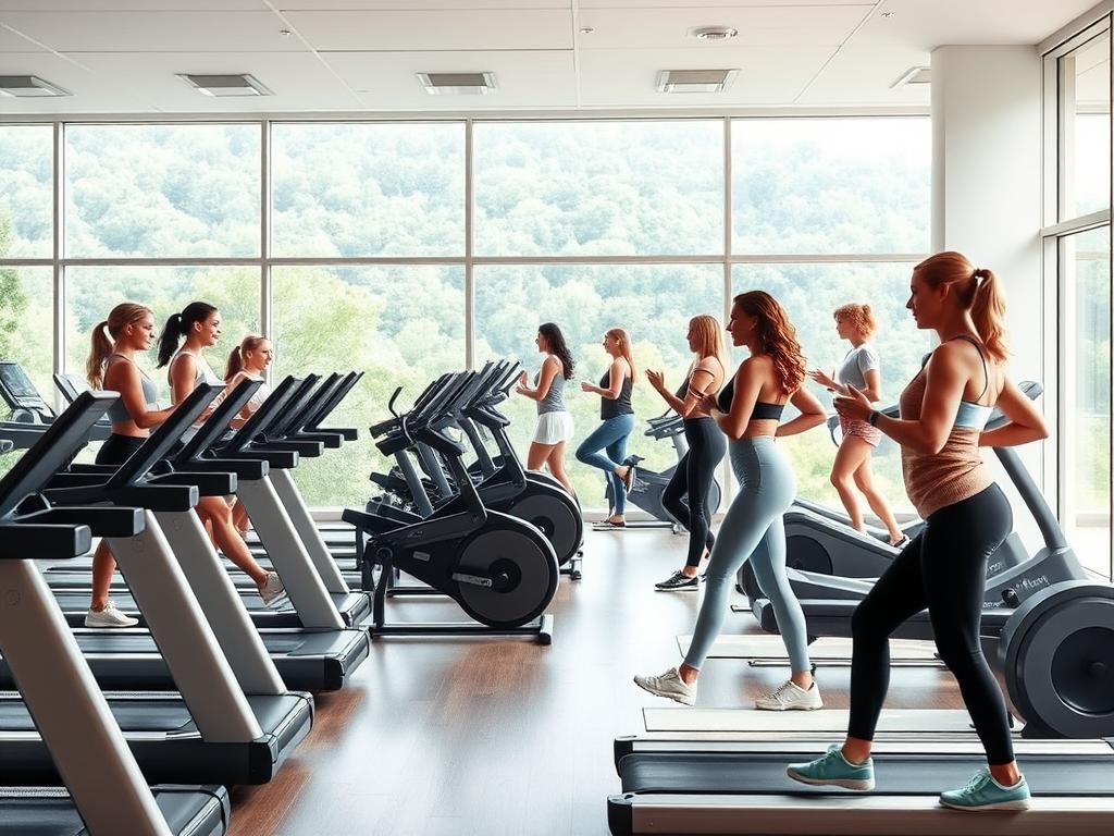A brightly-lit, modern women's gym interior. The foreground features sleek, high-tech exercise equipment like treadmills, elliptical machines, and free weights arranged in a spacious, open layout. In the middle ground, women of diverse ages and body types engage in various fitness activities, their expressions focused and determined. The background showcases a wall of floor-to-ceiling windows, letting in natural light and offering a panoramic view of a lush, verdant outdoor landscape. Soft, diffused lighting bathes the scene, creating a serene, inviting atmosphere conducive to an empowering workout experience.