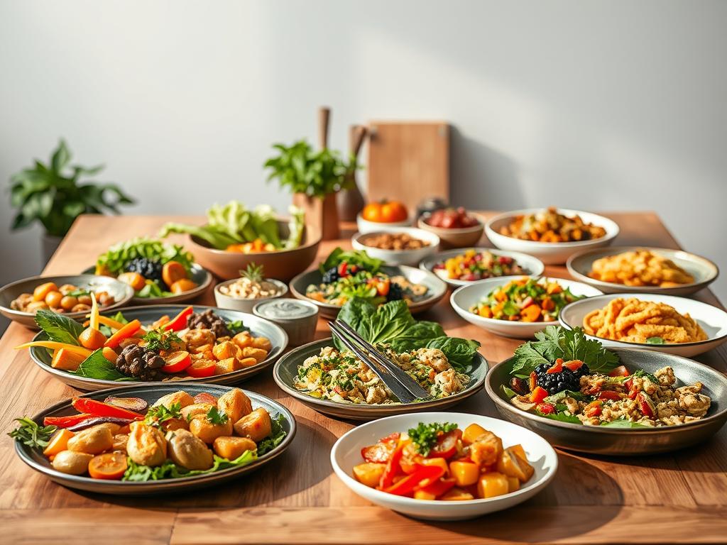 A carefully arranged still life of high-quality ready meals, beautifully displayed on a wooden table under soft, natural lighting. In the foreground, a variety of healthy, freshly prepared dishes, each plated with artful precision, showcasing vibrant colors and enticing textures. In the middle ground, an assortment of quality ingredients, such as fresh produce, herbs, and seasonings, suggesting the care and attention put into their preparation. In the background, a minimalist, elegant backdrop, allowing the focus to remain on the delectable dishes. The overall atmosphere conveys a sense of refined taste, nutritional value, and the pleasure of convenient, healthy dining.