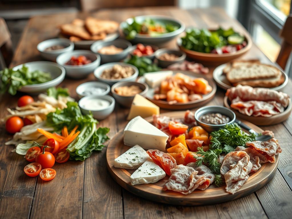A casual evening meal arranged on a rustic wooden table. In the foreground, a selection of fresh, high-quality ingredients - sliced vegetables, artisanal cheeses, cured meats, and crusty bread. The middle ground features an assortment of small plates, bowls, and platters, hinting at the simple yet satisfying dishes. Soft, natural lighting filters in from the side, casting a warm glow over the scene. The overall atmosphere is one of relaxation and effortless elegance, inviting the viewer to imagine an uncomplicated, delightful no-cook dinner.