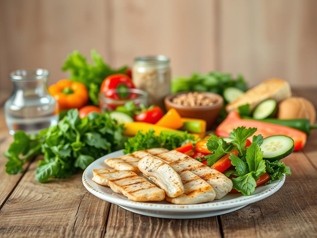 A close-up photograph of various healthy food items arranged artfully on a rustic wooden table. In the foreground, a hearty plate of lean protein, such as grilled chicken or fish, alongside a colorful array of fresh vegetables - leafy greens, vibrant peppers, and crisp cucumbers. In the middle ground, a glass of crystal clear water and a small bowl of nuts or seeds. The background features a minimalist, natural setting, with soft, warm lighting casting a pleasant glow over the scene. The overall mood is one of balance, simplicity, and a focus on nourishing, whole foods - capturing the essence of the "Anabole Diät" approach to healthy eating and weight management.