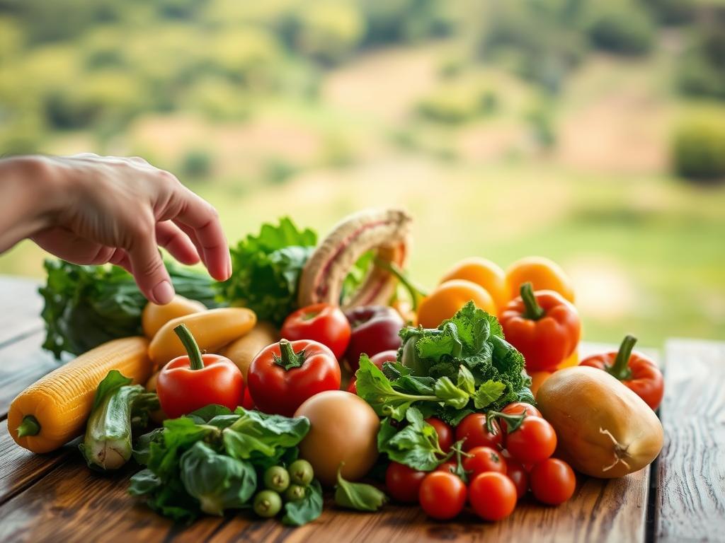 A close-up view of a human hand reaching towards a variety of fresh, vibrant vegetables and fruits on a wooden table. The lighting is soft and natural, highlighting the textures and colors of the produce. In the background, a blurred landscape suggests a lush, verdant setting. The composition conveys a sense of curiosity and the basic biological impulse to nourish oneself, reflecting the theme of "Biological Reasons for Eating".