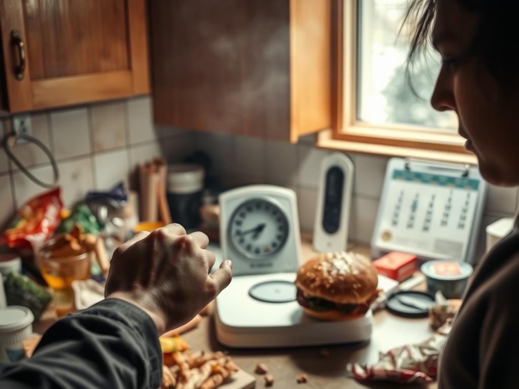 A cluttered kitchen counter, strewn with unhealthy snacks, fast food wrappers, and an overflowing ashtray, casting a dim, hazy light. In the foreground, a person's hand reaches for a greasy burger, while a distressed expression is visible on their face. The middle ground features a scale showing an alarmingly high number, suggesting the consequences of poor dietary habits. In the background, a blurry calendar marks the passage of time, emphasizing the gradual deterioration of health. The overall atmosphere is one of regret, frustration, and a sense of the need for change towards a more preventive and balanced approach to nutrition.