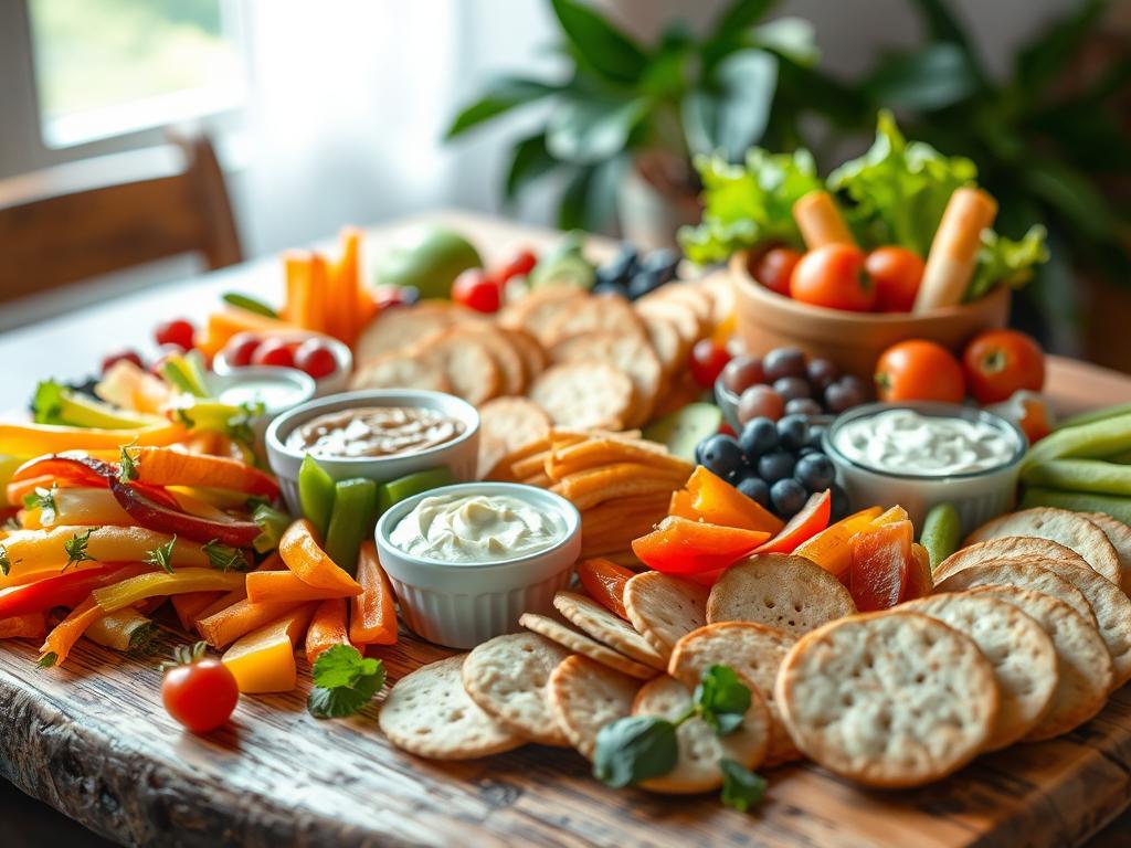 A colorful assortment of fresh, vibrant snacks artfully arranged on a rustic wooden table. In the foreground, an array of crunchy vegetables, juicy fruits, and savory dips, their textures and flavors inviting. In the middle ground, delicate crackers, crisp bread slices, and creamy spreads, creating a tantalizing grazing spread. The background features a soft, natural lighting that casts a warm, inviting glow, highlighting the natural beauty of the ingredients. The overall composition exudes a sense of effortless elegance, perfect for an evening of casual entertaining or a relaxed movie night.