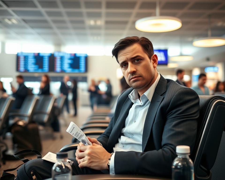 A concerned traveler with a subtle expression of discomfort is sitting in an airport waiting area, dressed in smart casual business attire, clutching a tissue. In the foreground, there are scattered travel essentials like a boarding pass and a water bottle. The middle ground features a bustling airport terminal with other passengers in the background, some chatting or on their phones, while a flight information board displays departing flights. Soft, warm lighting from overhead lamps creates a slightly gloomy atmosphere, reflecting the traveler's cold symptoms. The angle is slightly tilted to emphasize the traveler’s unease against the busy backdrop, conveying a sense of urgency mixed with fatigue.