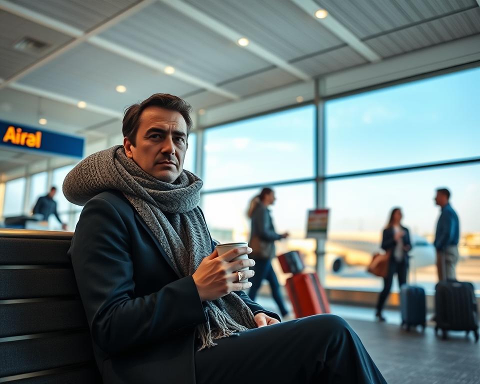 A cozy airport scene capturing a traveler with a mild cold preparing for a flight. In the foreground, a person in smart casual attire, carrying a travel pillow and a warm scarf, is seated on a bench. They appear relaxed yet slightly tired, holding a warm cup of tea. In the middle ground, airport staff efficiently assist passengers at a check-in counter while a couple of focused travelers walk by with luggage. The background features a large airplane visible through the terminal windows, bathed in soft, warm daylight that enhances a calm atmosphere. The overall mood conveys a sense of comfort and safety, ideal for a secure travel experience despite feeling unwell.