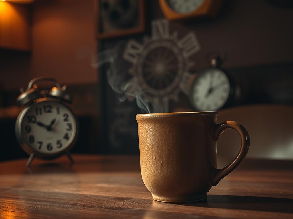 A cozy, dimly lit café setting with a steaming cup of coffee taking center stage. The beverage is framed by a vintage-style mug, its earthy tones and textured surface creating a tactile allure. In the background, a simple yet elegant table setting, with a timer or clock subtly hinting at the concept of intermittent fasting. The lighting is warm and atmospheric, casting soft shadows and highlighting the rich, aromatic liquid. The overall mood is one of calm contemplation, inviting the viewer to pause and savor the moment, reflecting on the potential benefits of coffee during a fasting period.