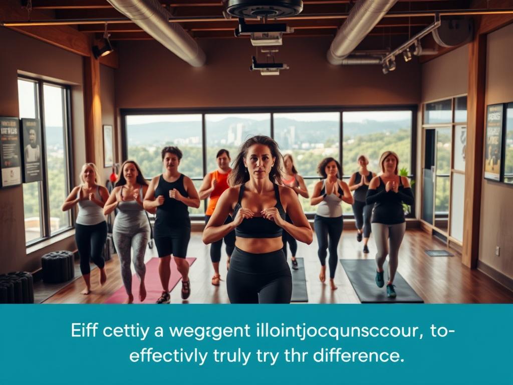 A cozy fitness studio with warm lighting and a welcoming atmosphere. In the foreground, a group of diverse individuals engaged in a dynamic weight loss course, their expressions focused and determined. The middle ground features an array of exercise equipment, yoga mats, and motivational posters lining the walls. In the background, a panoramic window offers a view of a tranquil, tree-lined cityscape, symbolizing the balance between physical and mental well-being. The overall scene conveys a sense of empowerment, community, and the belief that effective weight loss courses can truly make a difference.