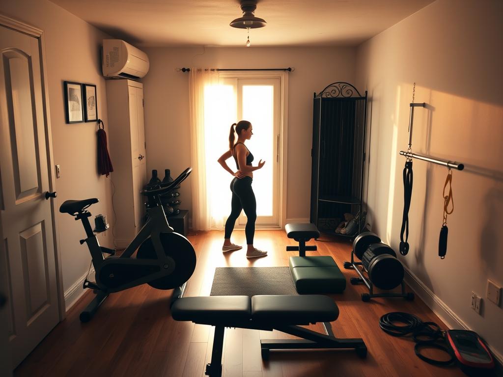A cozy home gym setup with an array of fitness equipment, including a stationary bike, weight bench, and resistance bands. The room is bathed in warm, natural lighting, creating a serene and inviting atmosphere. The hardwood floors and minimal, modern decor lend an air of sophistication. In the center, a person is engaged in a focused workout, their silhouette cast in a dramatic chiaroscuro effect. The overall scene conveys a sense of personal transformation and the empowering journey of weight loss.