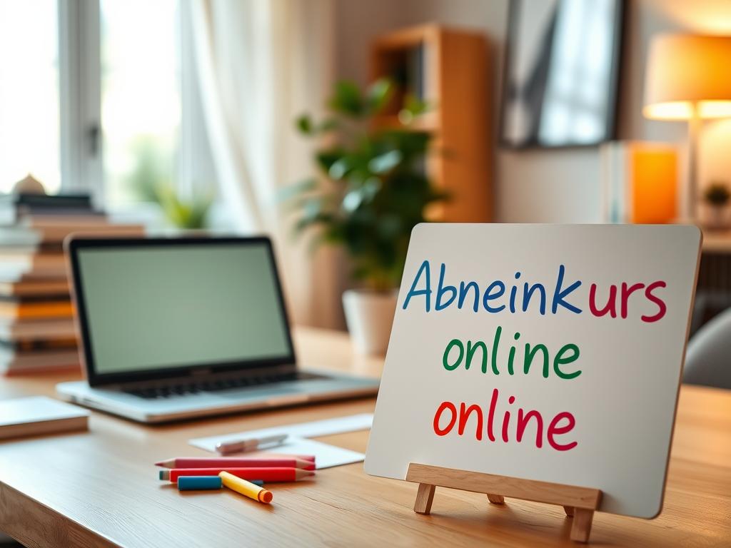 A cozy home office setup with a laptop, a stack of books, and a potted plant, all bathed in warm, natural lighting. In the foreground, a whiteboard displays the words "Abnehmkurs online" in colorful markers, reflecting the course's digital, self-paced nature. The background features a soothing, blurred view of a home interior, hinting at the comfort and convenience of online weight loss programs. The overall mood is focused, productive, and inviting, capturing the essence of an effective online weight loss course.
