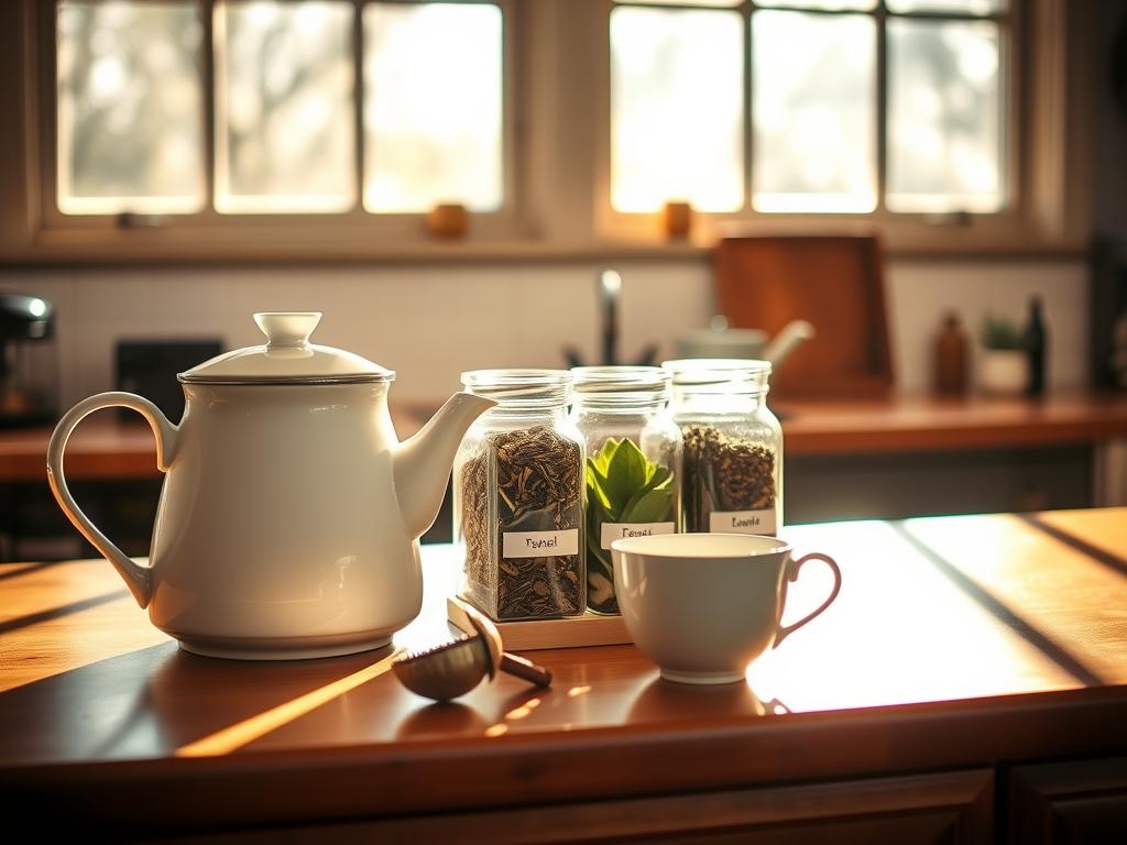 A cozy kitchen counter, bathed in warm, natural light streaming through large windows. Atop the counter, a pristine white teapot sits alongside a variety of whole-leaf teas in elegant glass jars. Beside them, a vintage-style tea infuser and a delicate porcelain cup await the perfect steeping. The scene exudes a sense of tranquility and mindfulness, inviting the viewer to pause and savor the ritual of tea preparation. The overall mood is one of simplicity, quality, and an appreciation for the art of slow, intentional living.