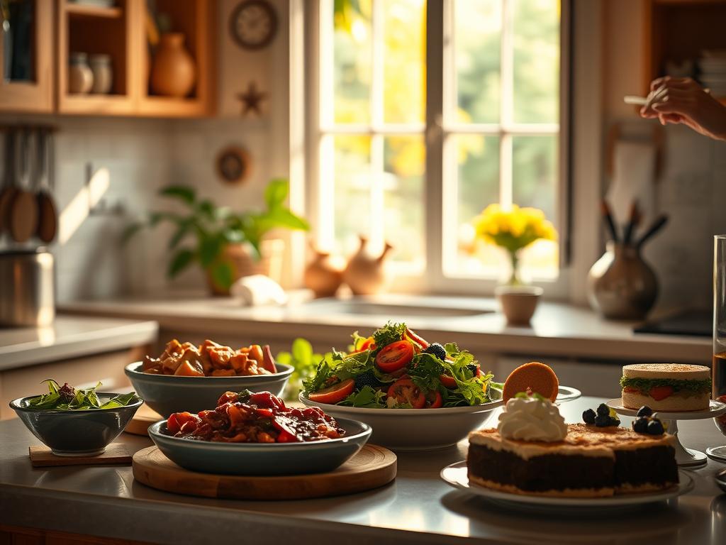 A cozy kitchen interior, bathed in soft, warm lighting. On the countertop, a variety of freshly prepared dishes - a hearty stew, a vibrant salad, and a decadent dessert. The aroma of home-cooked meals fills the air, evoking a sense of comfort and belonging. In the background, a window overlooking a peaceful garden, the sunlight filtering through the leaves. A pair of hands delicately arranging the food, the movements reflecting a deep emotional connection to the act of nourishing oneself and others. The scene conveys the intrinsic joy and fulfillment found in the ritual of eating, beyond mere sustenance.