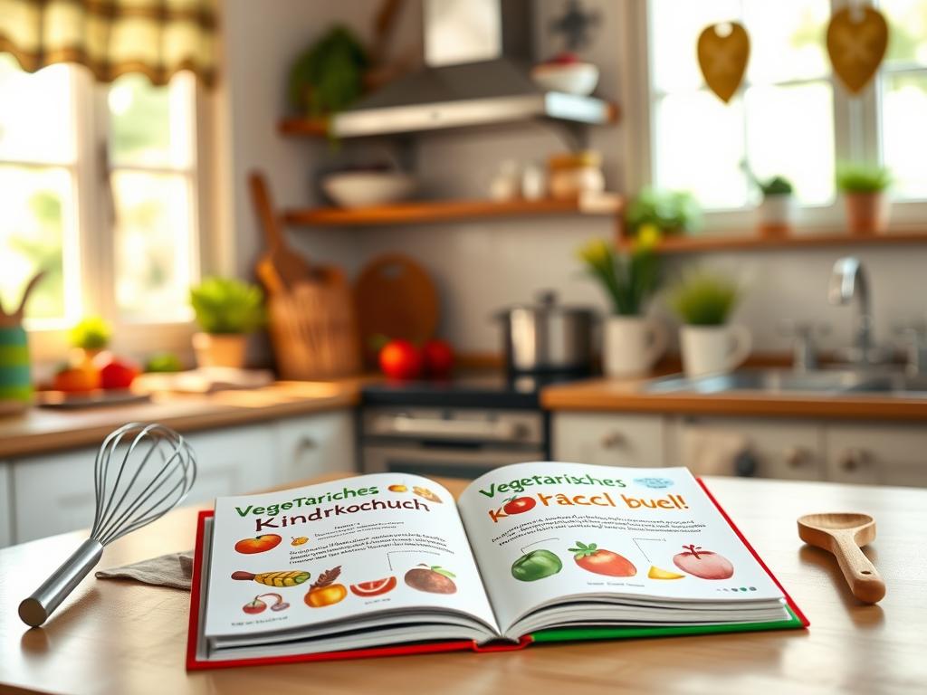 A cozy kitchen interior with a cheerful, child-friendly design. On the counter, a hardcover book titled "Vegetarisches Kinderkochbuch" sits open, its pages filled with colorful illustrations of fruits, vegetables, and simple vegetarian recipes. The book is framed by a variety of cooking utensils, such as a whisk, a wooden spoon, and a child-sized apron. The background features a bright, airy window, letting in natural light and creating a warm, inviting atmosphere. The overall scene conveys a sense of playfulness and encouragement, perfect for a section on cooking with children. A cozy kitchen interior with a cheerful, child-friendly design. On the counter, a hardcover book titled "Vegetarisches Kinderkochbuch" sits open, its pages filled with colorful illustrations of fruits, vegetables, and simple vegetarian recipes. The book is framed by a variety of cooking utensils, such as a whisk, a wooden spoon, and a child-sized apron. The background features a bright, airy window, letting in natural light and creating a warm, inviting atmosphere. The overall scene conveys a sense of playfulness and encouragement, perfect for a section on cooking with children.