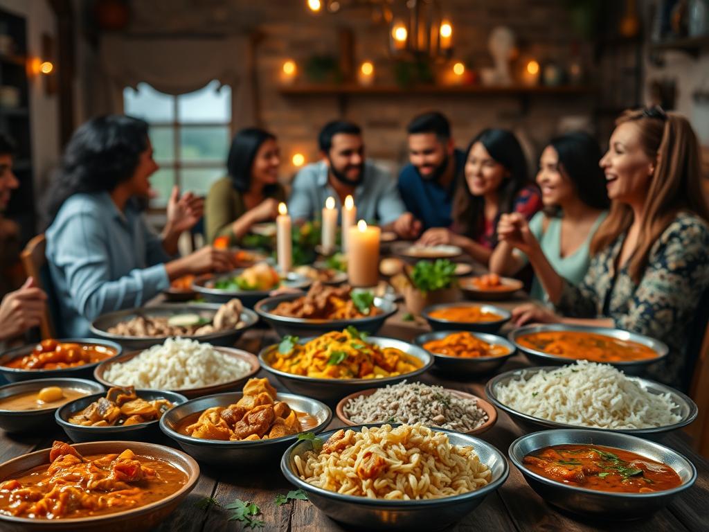 A cozy kitchen scene showcases the cultural influences on our eating habits. In the foreground, a diverse array of traditional dishes from around the world - colorful curries, hearty stews, fragrant rice dishes - are artfully arranged on a rustic wooden table. The middle ground features a multicultural gathering of people enjoying the meal together, engaged in lively conversation and laughter. In the background, the warm glow of candles and soft ambient lighting creates an intimate, inviting atmosphere. The overall composition conveys a sense of togetherness, tradition, and the deep-rooted connections between food, culture, and community.