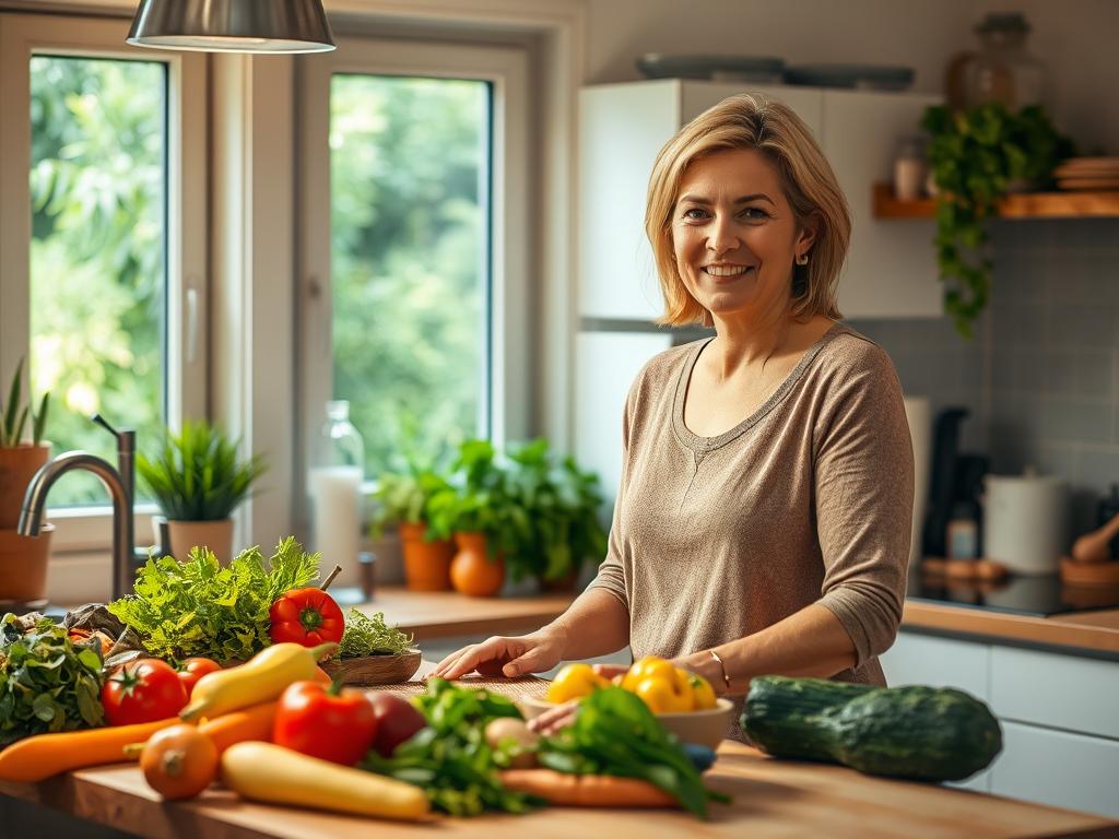 A cozy kitchen scene with a middle-aged woman standing at a counter, surrounded by an assortment of fresh, healthy ingredients. The lighting is warm and inviting, casting a soft glow over the scene. In the background, a window provides a glimpse of a lush, green garden, hinting at the importance of fresh, local produce. The woman's expression is one of focus and determination, as she prepares a nutritious meal, reflecting the theme of "Erfolgreich Abnehmen ab 40 – Deine Strategie" and the section "Unterstützung und Rezepte". The image conveys a sense of comfort, community, and the empowering journey of healthy weight loss after 40. A cozy kitchen scene with a middle-aged woman standing at a counter, surrounded by an assortment of fresh, healthy ingredients. The lighting is warm and inviting, casting a soft glow over the scene. In the background, a window provides a glimpse of a lush, green garden, hinting at the importance of fresh, local produce. The woman's expression is one of focus and determination, as she prepares a nutritious meal, reflecting the theme of "Erfolgreich Abnehmen ab 40 – Deine Strategie" and the section "Unterstützung und Rezepte". The image conveys a sense of comfort, community, and the empowering journey of healthy weight loss after 40.