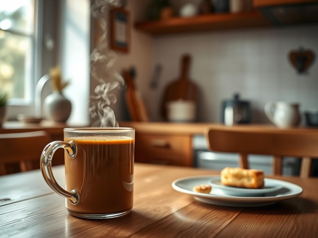 A cozy kitchen scene with a warm, inviting atmosphere. In the foreground, a steaming mug of freshly brewed coffee sits on a wooden table, its rich aroma filling the air. Soft natural lighting filters in through a nearby window, casting a gentle glow on the scene. In the middle ground, a simple but elegant place setting, including a plate with a small pastry or snack, suggests a moment of relaxation and mindful enjoyment during an intermittent fasting period. The background features subtle, blurred elements like simple decor or a glimpse of an adjacent room, creating a sense of depth and tranquility. The overall composition conveys a sense of balance, comfort, and the harmonious integration of coffee and intermittent fasting.