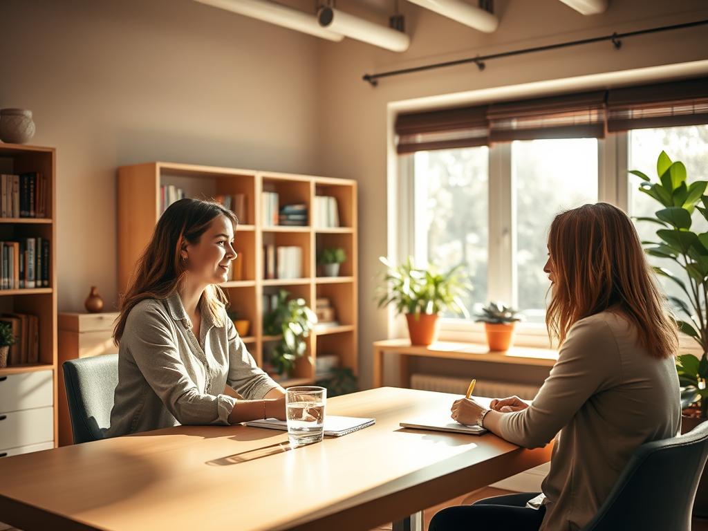 A cozy, modern office space with a warm, inviting atmosphere. In the foreground, a woman sits at a desk, deep in discussion with a client. The desk is meticulously organized, with a laptop, notepad, and a glass of water. Sunlight streams through large windows, casting a soft, natural glow on the scene. In the background, bookshelves and potted plants add a touch of professionalism and comfort. The walls are painted in a soothing, neutral tone, creating a calming environment. The overall impression is one of personalized attention and expertise, reflecting the high-quality, individualized nutritional counseling services offered.