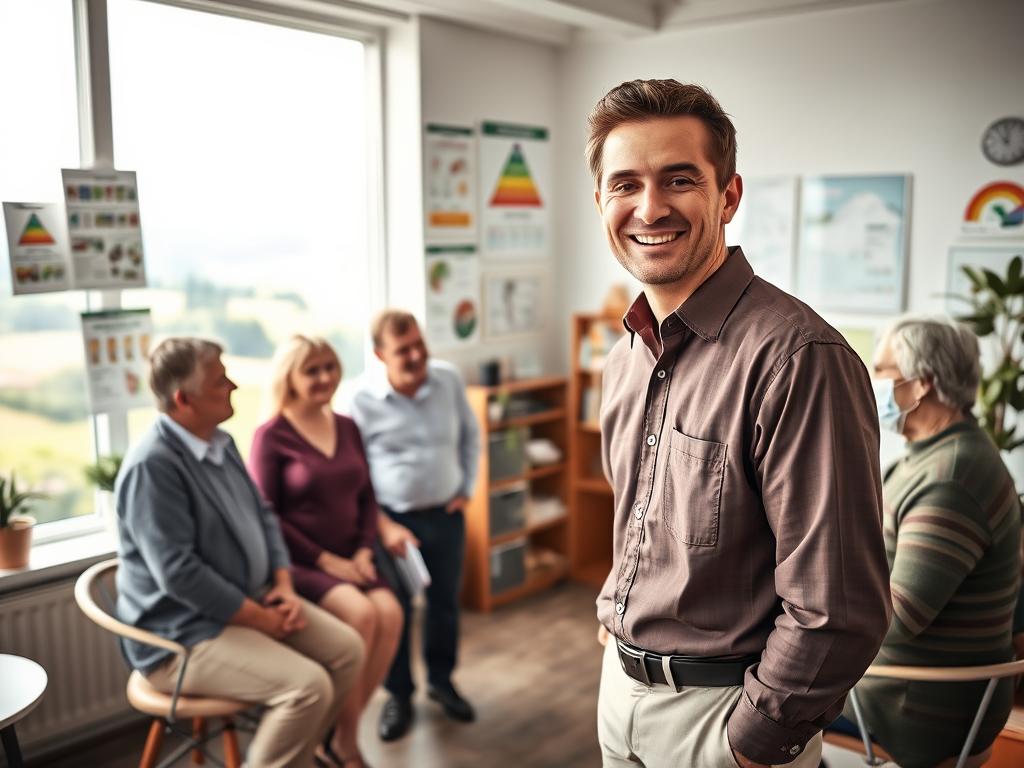 A cozy office in Kempten, Bavaria, with a welcoming atmosphere. In the foreground, a male nutritional consultant in a button-up shirt and slacks, smiling warmly as he discusses dietary plans with a diverse group of clients - a middle-aged couple, a young athlete, and a senior citizen. The middle ground showcases informative charts, food pyramids, and dietary guidelines adorning the walls, while the background features large windows overlooking the picturesque Bavarian countryside. Soft, natural lighting filters through, creating a serene and trustworthy ambiance. The overall scene conveys the expertise and personalized approach of the nutritional consultant, catering to the unique needs of the local Kempten community.
