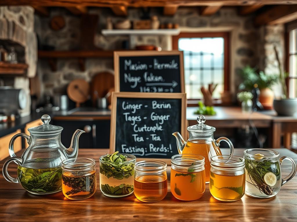 A cozy, rustic kitchen scene featuring an assortment of fragrant herbal teas arranged on a wooden table. In the foreground, several glass teapots and cups hold various teas such as green, chamomile, and ginger, each with distinct colors and steam rising from them. In the middle ground, a chalkboard or wooden sign displays the names of the teas, inviting the viewer to explore the selection. The background shows a warm, softly lit interior with natural textures like exposed beams, stone walls, and perhaps a window overlooking a tranquil outdoor scene. The overall atmosphere conveys a sense of calmness, wellness, and the perfect accompaniment to a restorative fasting period.
