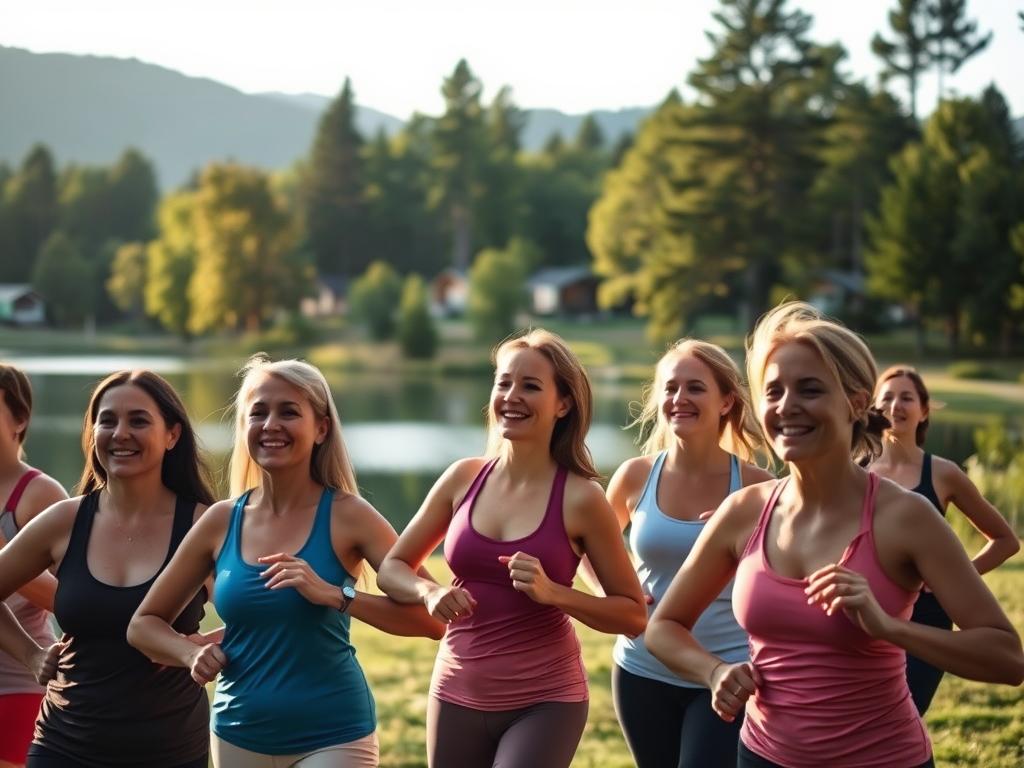 A cozy, serene outdoor scene of a women's weight loss retreat. In the foreground, a group of women in activewear engage in light exercise, their faces radiating a sense of camaraderie. The middle ground features a picturesque lake surrounded by lush, verdant trees, casting a tranquil atmosphere. In the background, simple cabins nestle amidst the natural landscape, suggesting a rustic yet comfortable setting. Warm, soft lighting filters through the scene, creating a welcoming, nurturing ambiance. The overall composition conveys a peaceful, supportive environment conducive to the participants' wellness journey.