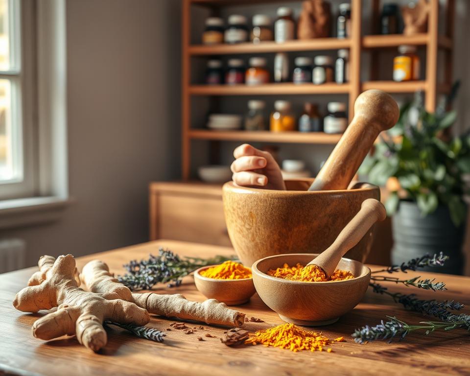 A cozy, warm-toned herbal medicine preparation scene showcasing natural remedies for rheumatism. In the foreground, a wooden table adorned with an assortment of healing ingredients: ginger roots, turmeric, and lavender sprigs, with mortar and pestle in use. The middle layer features a gentle hand of a person, dressed in modest casual clothing, mixing herbs, with a serene expression. In the background, softly lit shelves filled with jars of essential oils and dried herbs add warmth to the scene, while a potted plant thrives in the corner. Natural light filters in through a nearby window, creating a tranquil atmosphere that evokes a sense of comfort and wellness, emphasizing traditional healing practices.
