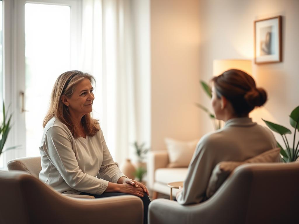 A cozy, warmly lit office setting, with a calming, professional atmosphere. In the foreground, an empathetic, experienced counselor sits across from a patient, engaged in a thoughtful discussion. The counselor's posture and expression convey a sense of care and guidance. In the middle ground, soft, neutral-toned furnishings and decor create a soothing, private space for the consultation. The background features tasteful, minimalist artwork and plants, suggesting an environment focused on personal wellbeing. Soft, diffused lighting from a large window casts a gentle glow, creating a tranquil, introspective mood.