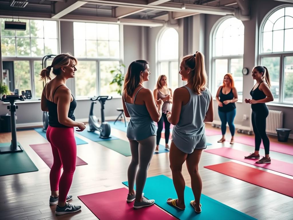 A cozy, well-lit women's fitness studio with a vibrant, welcoming atmosphere. In the foreground, a group of female friends chatting animatedly, sharing a sense of camaraderie and support. The middle ground features modern workout equipment and colorful exercise mats, creating a sense of energy and activity. The background showcases large windows, allowing natural light to flood the space and creating an airy, open feel. Soft, diffused lighting casts a warm glow, accentuating the community spirit. The overall scene conveys a sense of empowerment, inclusivity, and a shared commitment to health and wellness.