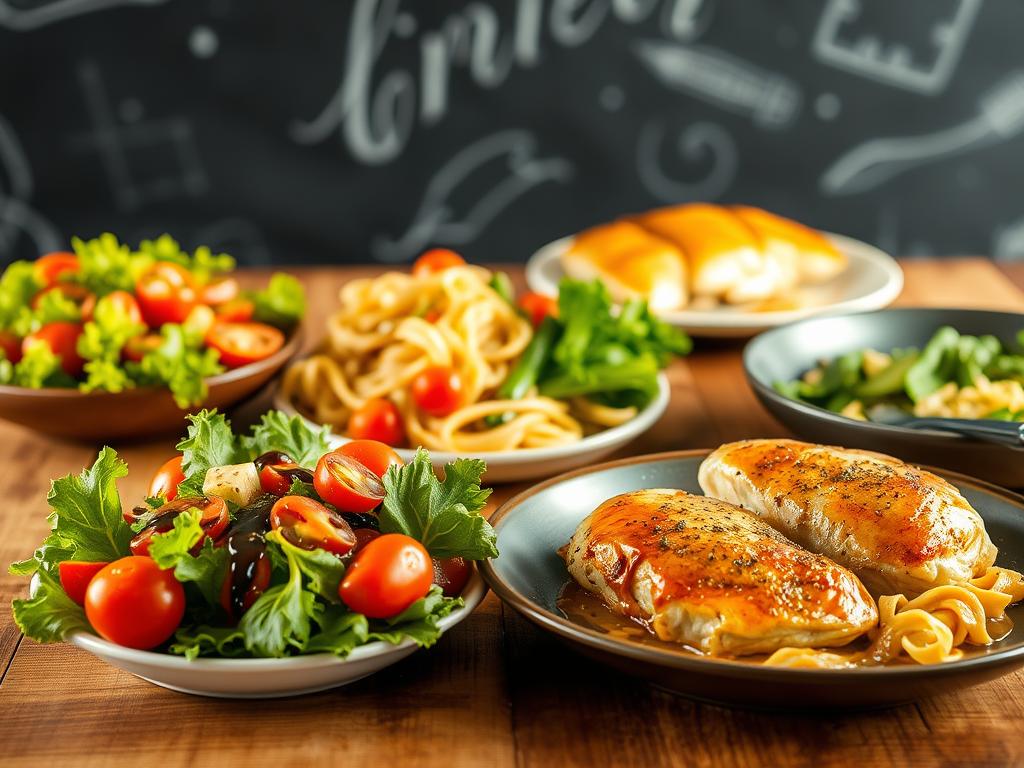 A delightful assortment of quick and easy dishes, elegantly arranged on a wooden table. In the foreground, a vibrant salad with crisp greens, juicy tomatoes, and a drizzle of balsamic reduction. Beside it, a hearty pasta dish with al dente noodles, sauteed vegetables, and a creamy sauce. In the middle ground, a beautifully plated chicken dish, its golden-brown skin glistening under soft, natural lighting. The background features a chalkboard wall, adding a rustic charm to the scene. The overall atmosphere is one of effortless sophistication, inviting the viewer to explore the diverse world of delectable and time-saving culinary creations.