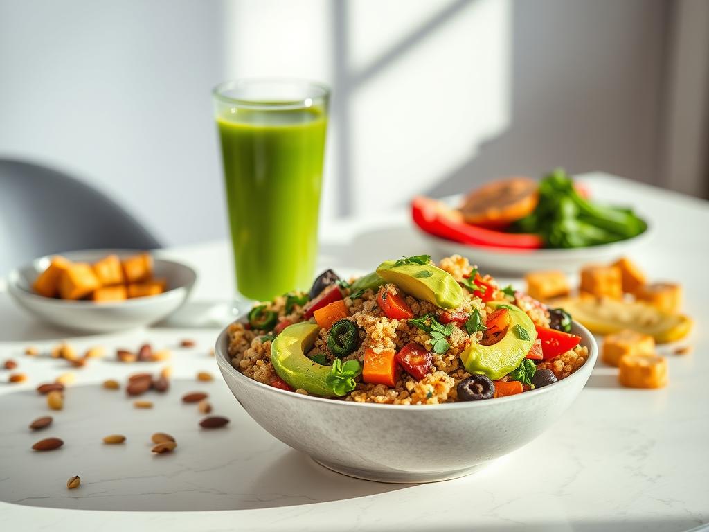 Fitness Gerichte bestellen - Einfach & Gesund! - Ernährung & Rezepte - A delightful assortment of vibrant nutrient dense vegan fitness dishes artfully arranged on a 1