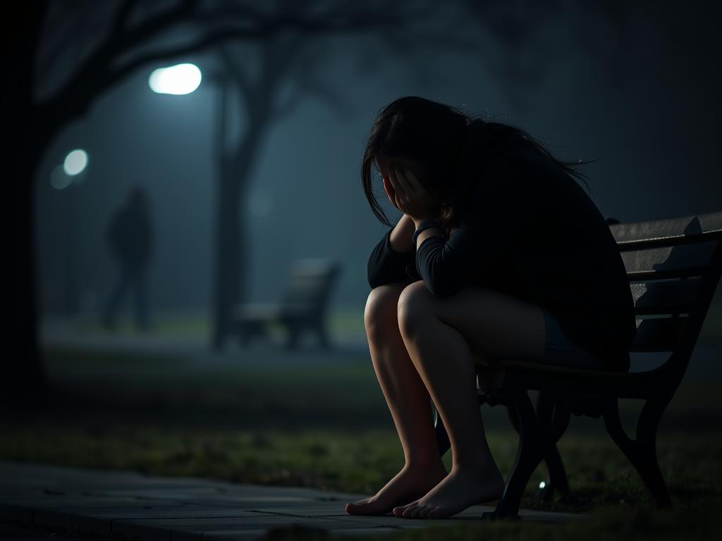 A despondent woman sits hunched on a dimly lit park bench, her head in her hands. The gloomy background is blurred, drawing focus to her pensive expression and slender frame, reflecting the psychological toll of rapid weight loss. Soft, diffused lighting casts long shadows, creating a melancholic atmosphere. The image conveys the emotional and mental strain experienced during this challenging period, emphasizing the need for balanced and sustainable approaches to weight management.