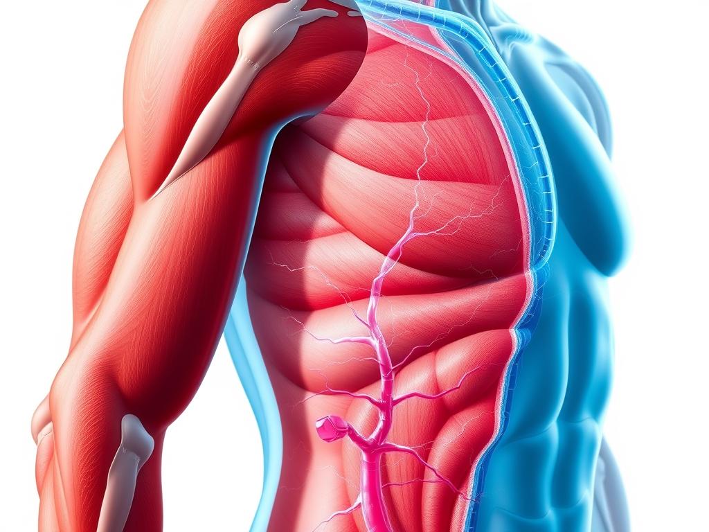 A detailed cross-section of the human body, showcasing the process of glycogen depletion and water loss during weight loss. In the foreground, a translucent depiction of muscle fibers, adipose tissue, and glycogen stores. In the middle ground, a network of capillaries and lymphatic vessels, visually highlighting the metabolic pathways involved in fat oxidation. In the background, a subtle blue-tinted gradient, representing the systemic effects of hydration and electrolyte balance. Crisp, high-resolution detail, with natural lighting and a clean, scientific aesthetic to convey the technical aspects of fat metabolism.