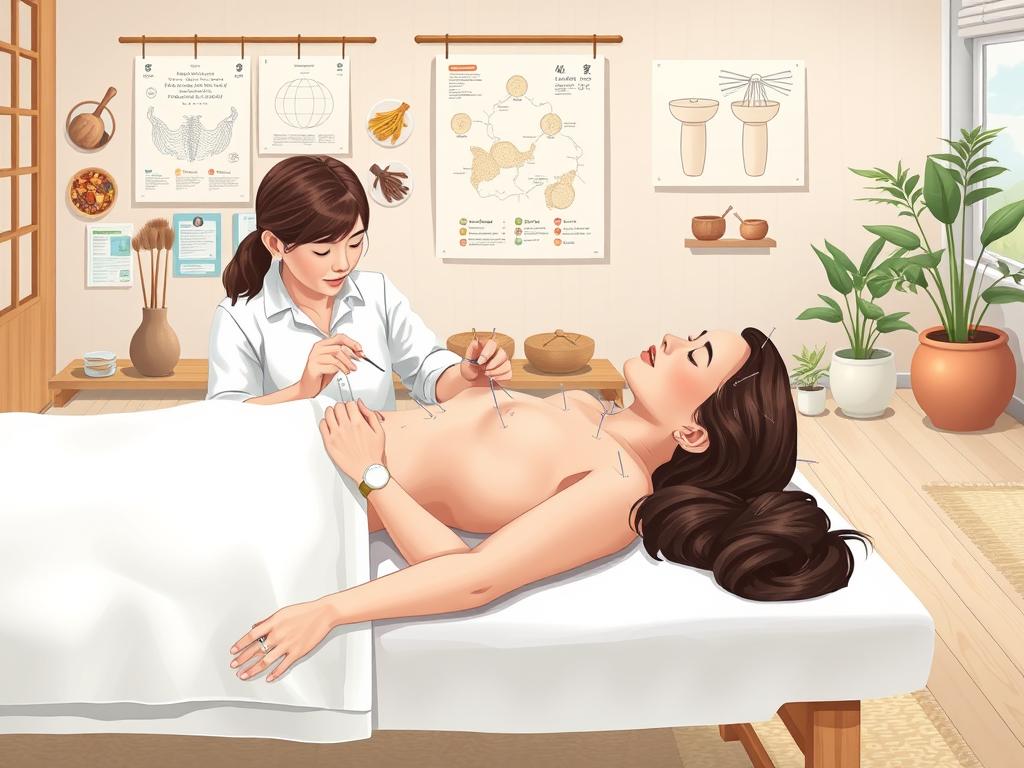 A detailed illustration depicting acupuncture treatment for weight loss. In the foreground, a person reclines comfortably on a massage table, eyes closed, as a licensed acupuncturist meticulously inserts fine needles into strategic points along their body. The middle ground showcases an array of traditional Chinese medicine tools and ingredients, such as dried herbs, acupuncture maps, and cupping devices. The background features a soothing, zen-like environment with soft lighting, natural wood accents, and potted plants, conveying a sense of tranquility and wellness. The overall scene evokes a holistic, evidence-based approach to using acupuncture as a complementary therapy for effective, sustainable weight management.