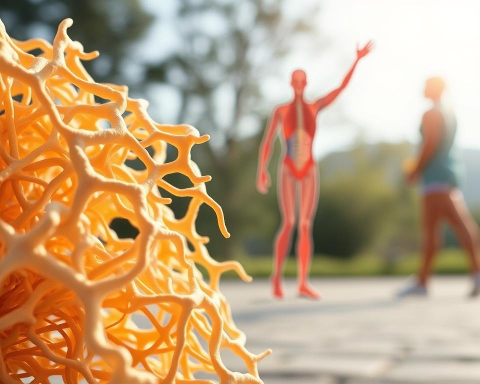 A detailed illustration of connective tissue, showcasing its structure and importance in the human body. In the foreground, depict a close-up of connective tissue fibers—collagen and elastin—intertwined, highlighting their strength and flexibility. In the middle ground, incorporate a realistic anatomical diagram of a human limb with the connective tissue clearly defined, emphasizing its role in supporting organs and muscles. The background can feature a softly blurred image of a person exercising or stretching in a serene natural environment, symbolizing health and vitality. Use natural lighting to create an uplifting atmosphere, with a slight focus on the textures of the tissue, enhancing depth. The composition should inspire a sense of well-being and appreciation for the body's connective systems.