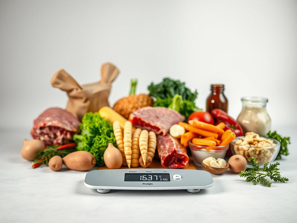 A detailed, photorealistic illustration of the macronutrient breakdown for an anabolic diet. In the foreground, a sleek, modern food scale displays the precise ratios of protein, carbohydrates, and fats. The middle ground showcases an assortment of high-quality, whole food ingredients - lean meats, complex carbohydrates, and healthy fats. The background is a minimalist, clean backdrop, allowing the key elements to take center stage. The lighting is soft and natural, emphasizing the nutritional information. The overall mood is one of precision, health, and scientific understanding, reflecting the technical nature of the "Makronährstoffaufteilung" concept.