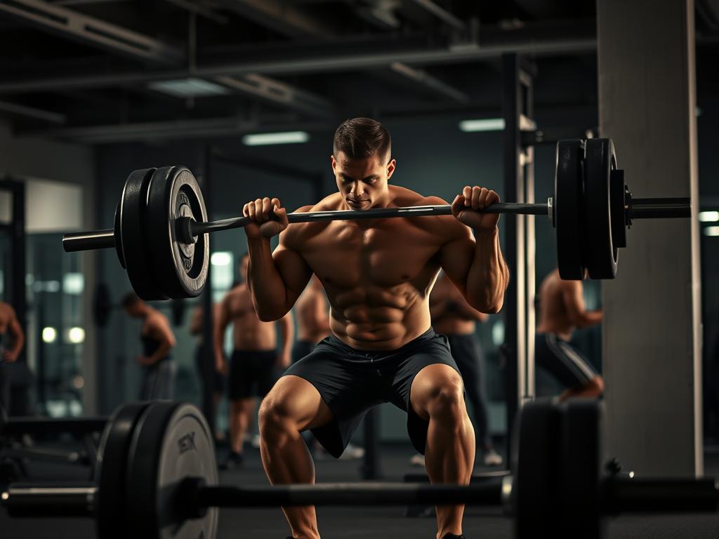 A dimly lit gym interior with heavy-duty weight training equipment in the foreground, including a barbell with weights, a bench press, and a squat rack. In the middle ground, a muscular male figure performing a focused, intense barbell squat with perfect form. Soft, dramatic lighting casts dramatic shadows, highlighting the figure's defined musculature. In the background, a blurred view of other gym-goers working out, conveying a sense of dedication and discipline. The atmosphere is one of focused effort and determination, reflecting the optimal training intensity and volume for muscle building.
