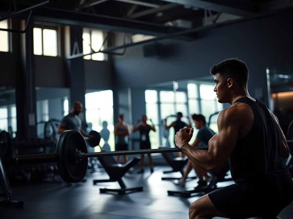 A dimly lit gym interior, with natural light filtering through large windows. In the foreground, a muscular athlete performing a barbell squat, their focus and determination evident in their expression. In the middle ground, several fitness enthusiasts engaged in various strength training exercises, the scene punctuated by the rhythmic clinking of weights and the quiet hum of exercise machines. The background features a wall of mirrors, reflecting the activity and creating a sense of depth and focus. The overall atmosphere is one of dedication, discipline, and the pursuit of physical transformation.