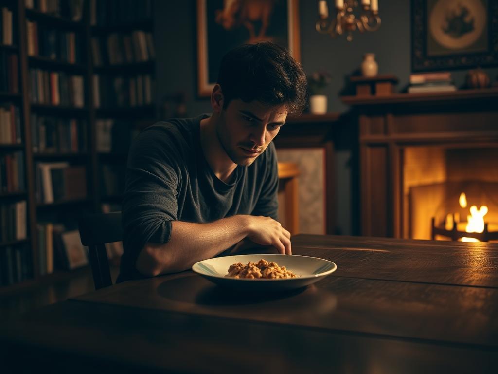 A dimly lit study, the walls adorned with bookshelves and a cozy fireplace casting a warm glow. In the center, a pensive figure sits at a wooden desk, their expression one of contemplation as they gaze at a plate of untouched food. The scene conveys a sense of psychological struggle, the figure's internal conflict evident in their posture and the way the light plays across their face. The background is slightly blurred, emphasizing the focal point and drawing the viewer's attention to the introspective nature of the moment. The overall atmosphere is one of quiet reflection, inviting the viewer to consider the complex relationship between hunger, psychology, and personal well-being.